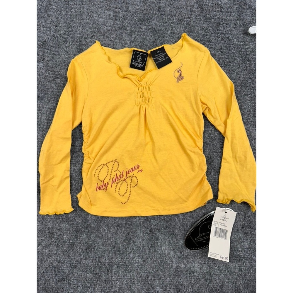 VTG Baby Phat Yellow Long Sleeve Ruched Shirt Rhinestone Graphic‎ Size 4T NEW